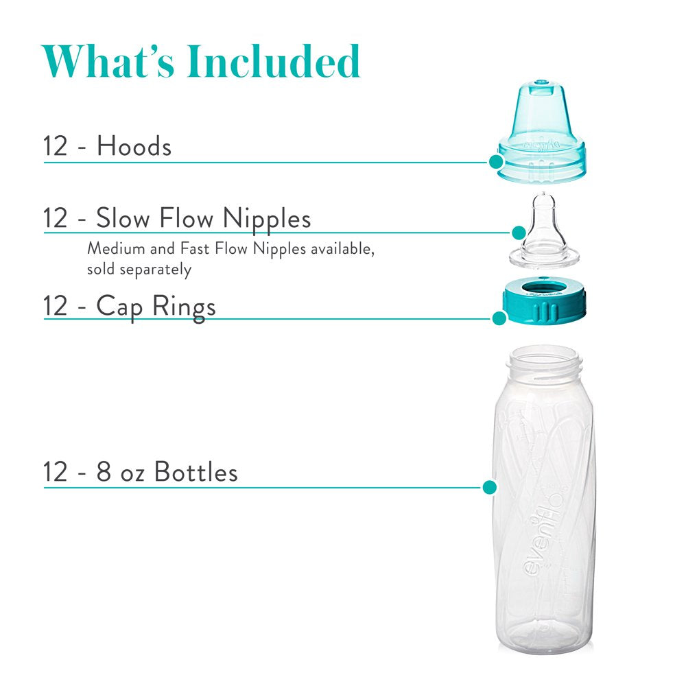 Evenflo Classic Bpa-Free Plastic Baby Bottles, 8Oz, Teal/Green/Blue, 12Ct